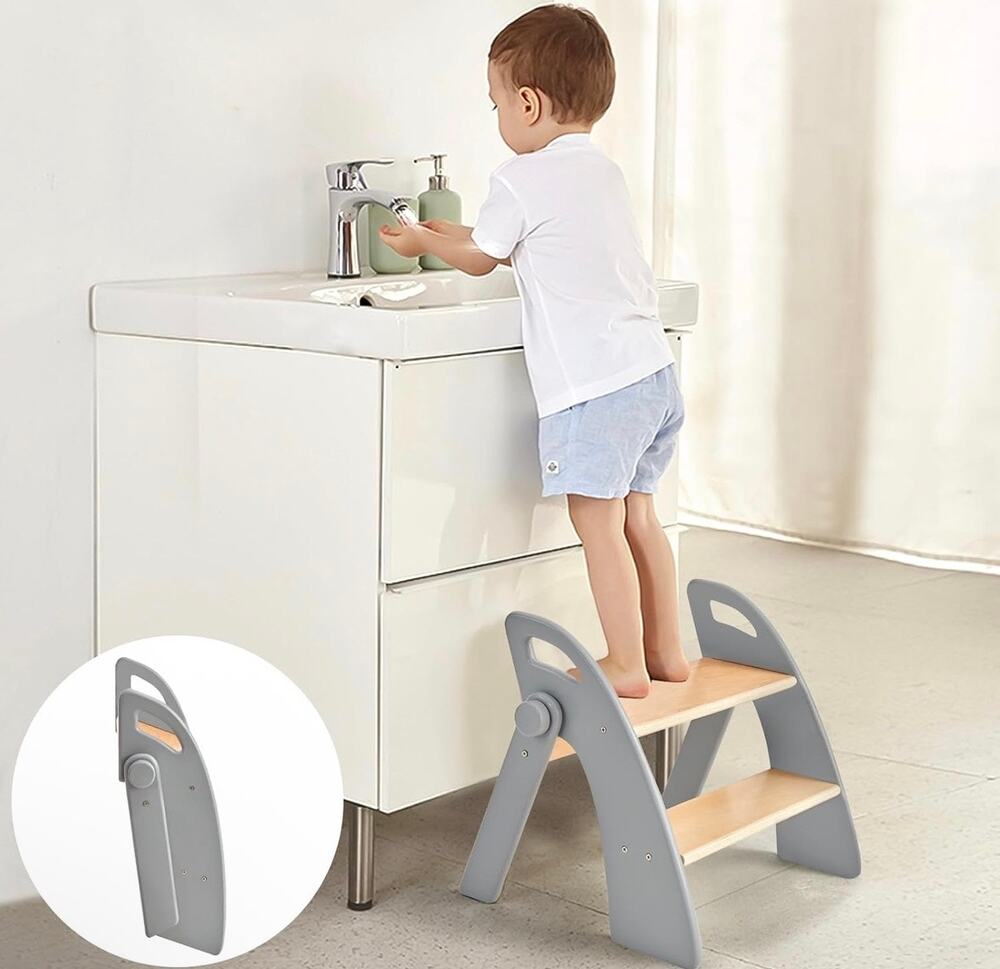 Wooden 2-Step Folding Stool for Kids & Toddlers NIB Gray